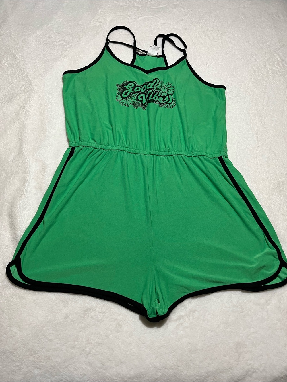 No Boundaries Good Vibes Green Romper with Black Trim